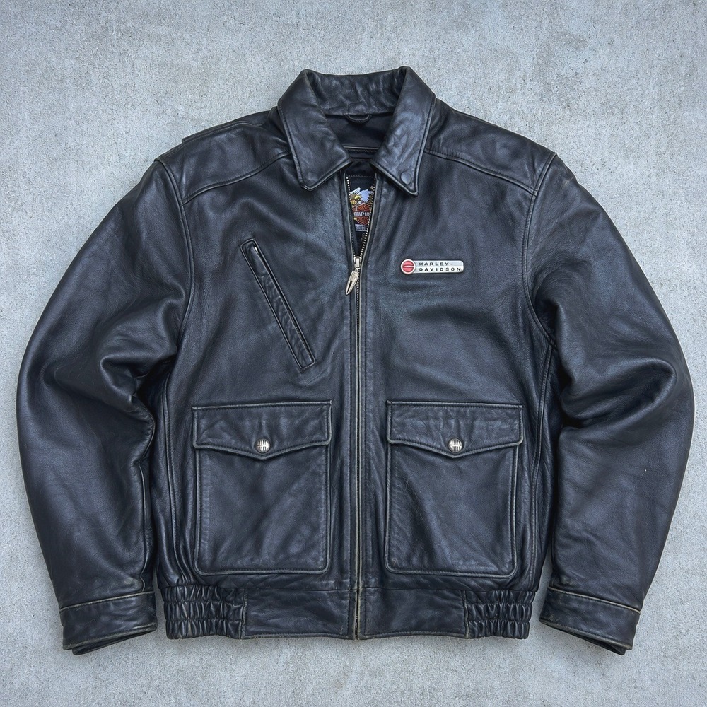 Harley Davidson Leather Jacket Lambskin Medium Black Vintage Bomber Biker Liner